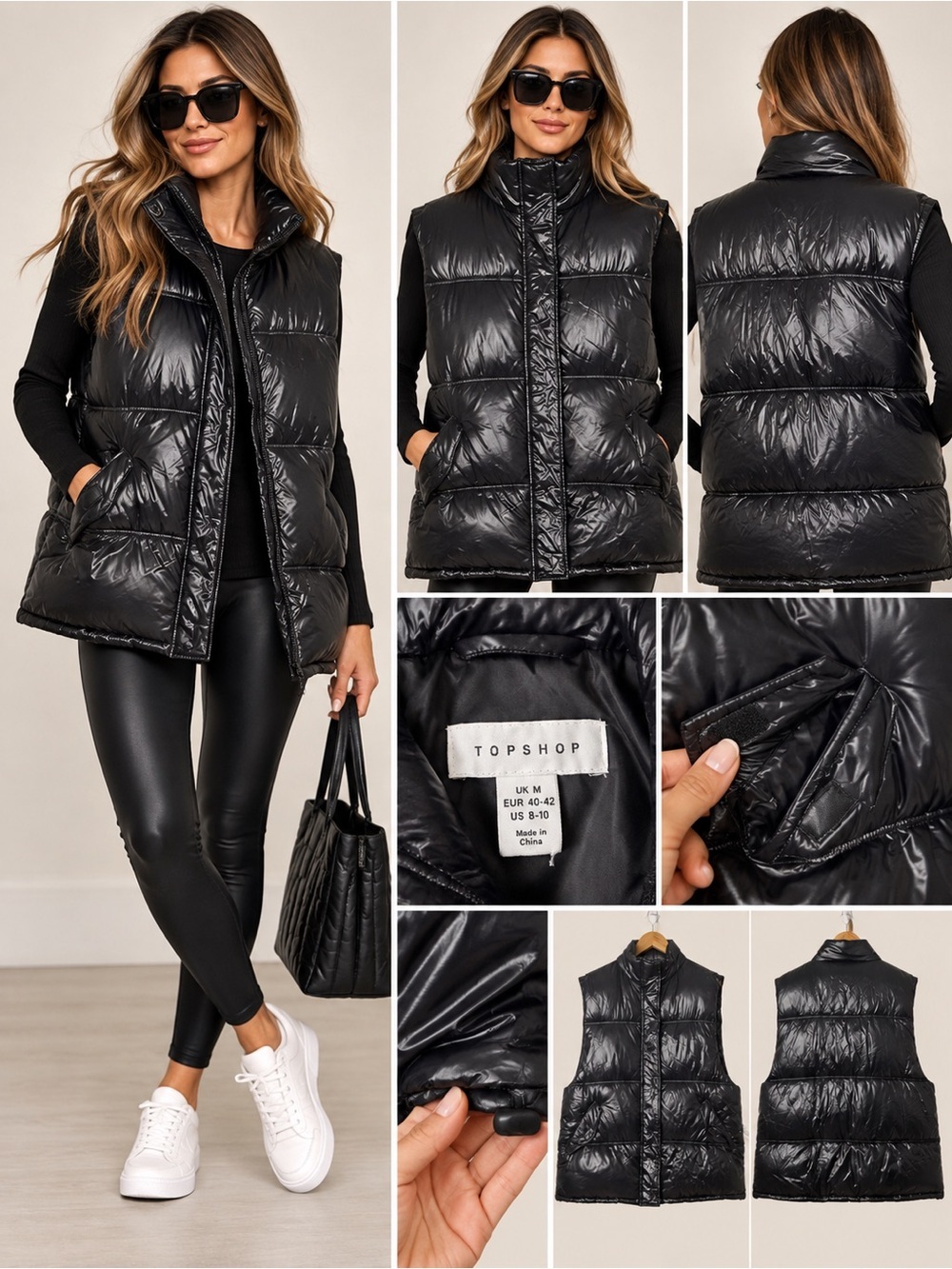 Topshop Black Shiny Oversized Sleeveless Funnel Neck Puffer Zip Up Vest Sz 8-10
